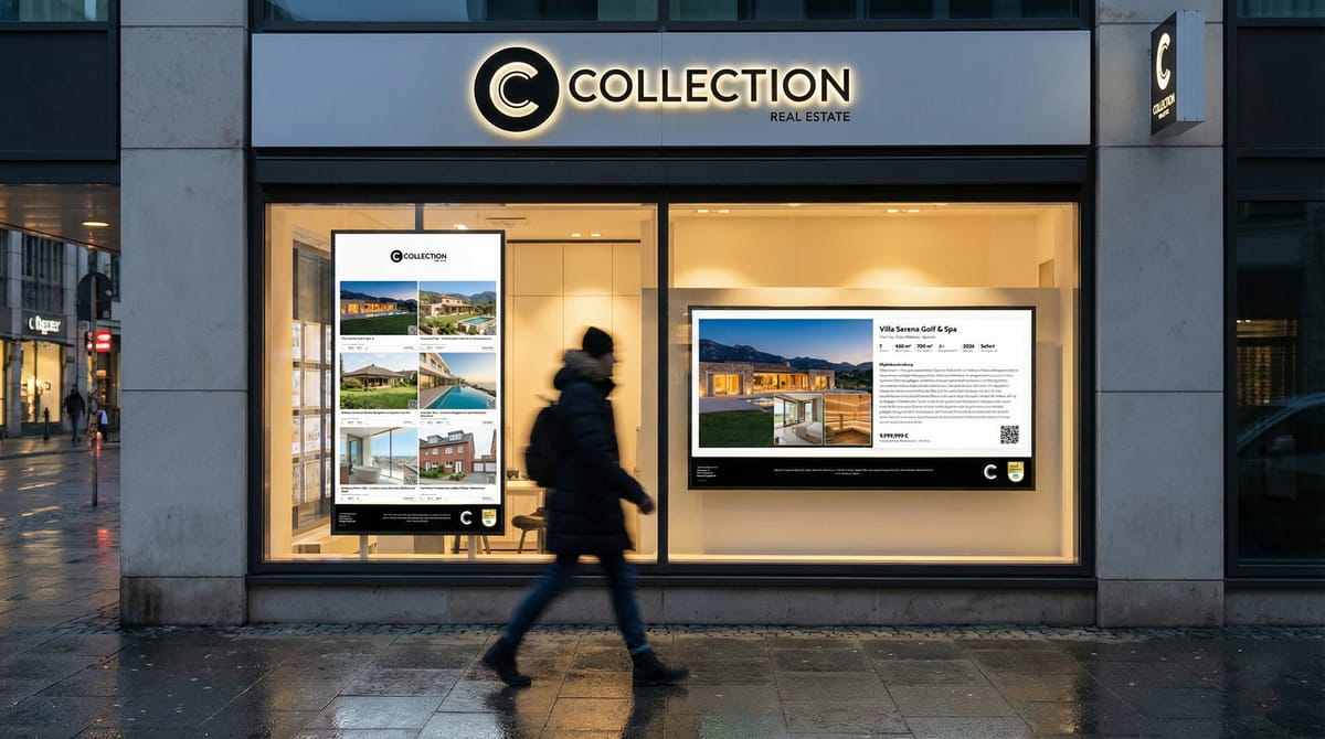 Immobilienexposés auf Displays im Schaufenster eines Maklerbüros